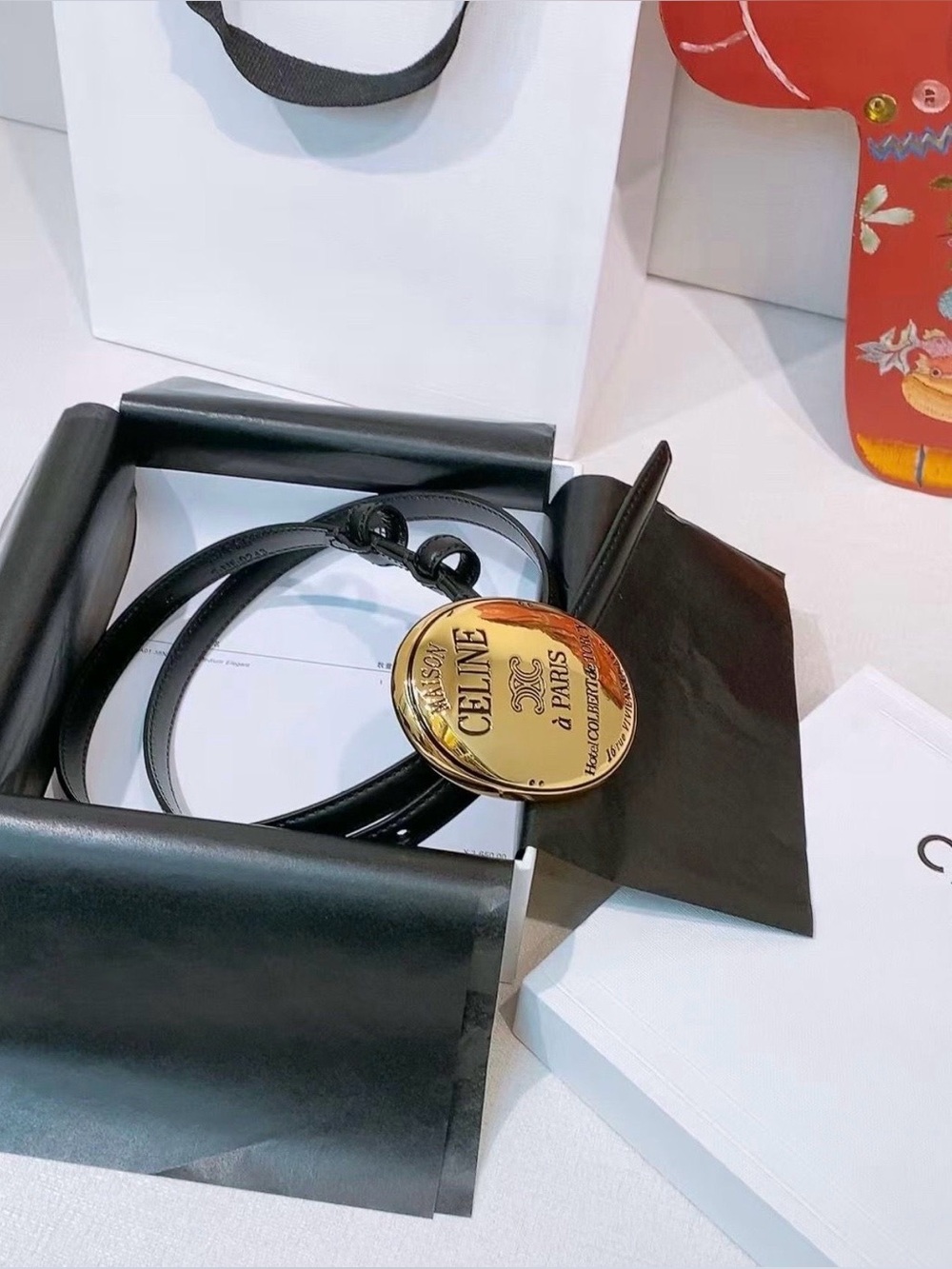 Celine Black Leather Belt with Gold Medallion Logo
